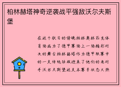 柏林赫塔神奇逆袭战平强敌沃尔夫斯堡
