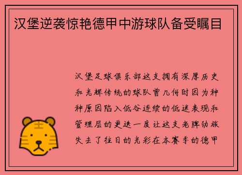 汉堡逆袭惊艳德甲中游球队备受瞩目