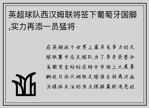 英超球队西汉姆联将签下葡萄牙国脚,实力再添一员猛将