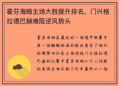 霍芬海姆主场大胜提升排名，门兴格拉德巴赫难阻逆风势头